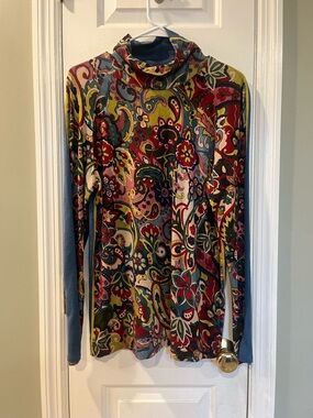 Aldo Martins Cap Juluca Floral Paisley Knit Turtleneck Top‎ XL Boho Artsy b2
